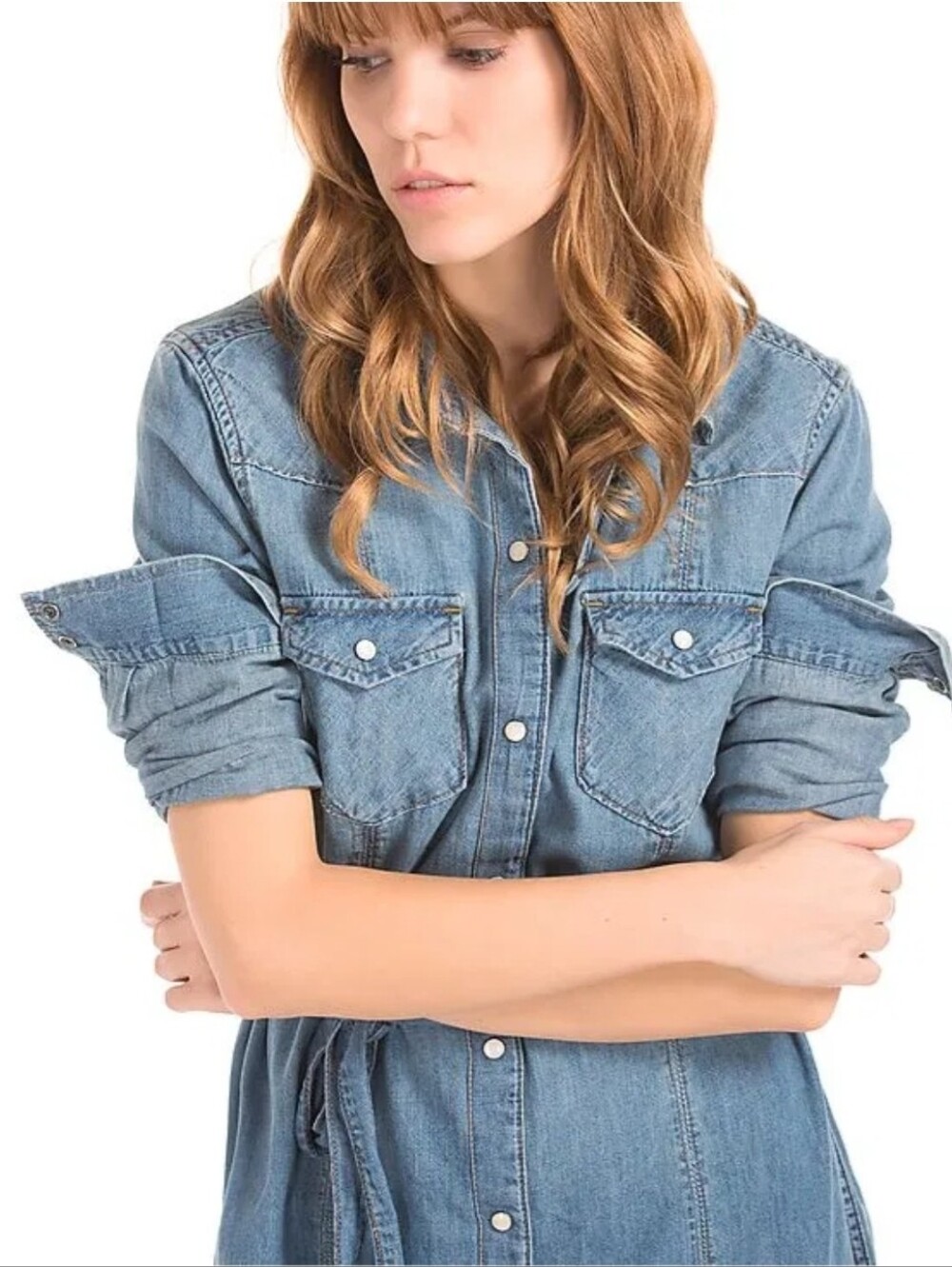 GAP 1969 Blue Denim Shirt Dress with Tie Waist Western Style Light Wash  XS